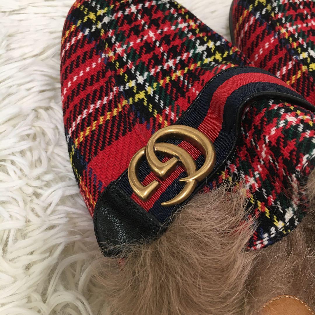 【美品】 グッチ サンダル 27cm相当 チェック柄 ファー付き マーモント