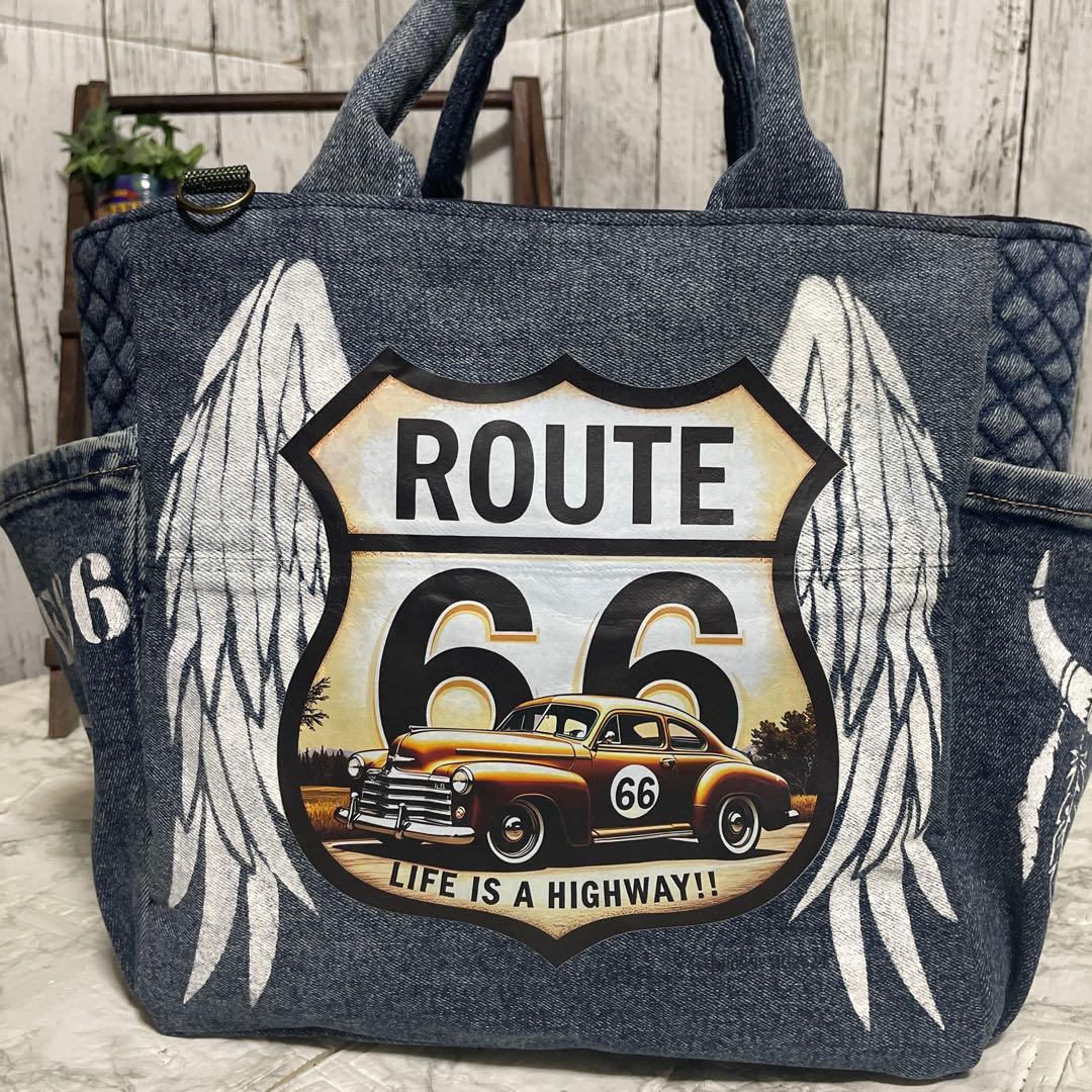 No. 489 デニムリメイクバッグ　トートバッグ　ルート66 インディアン