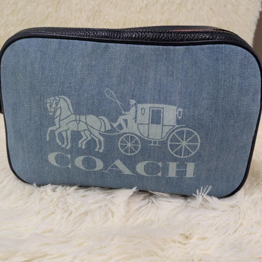 極美品　COACH 　デニム　ショルダーバッグ　カメラバッグ ネイビー レザー