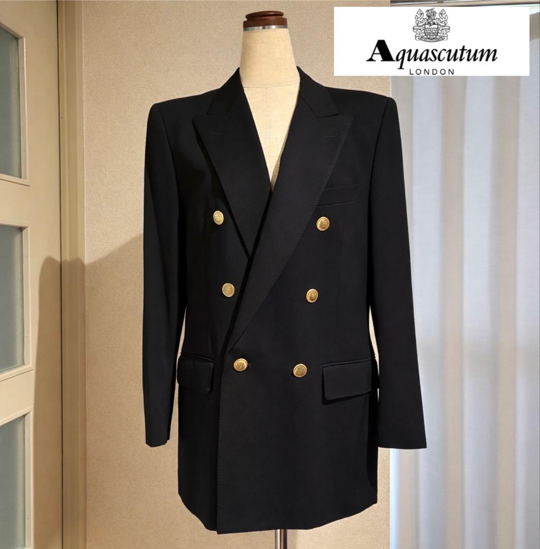 美品 アクアスキュータム 黒 ダブルブレスト テーラードジャケット ウール100