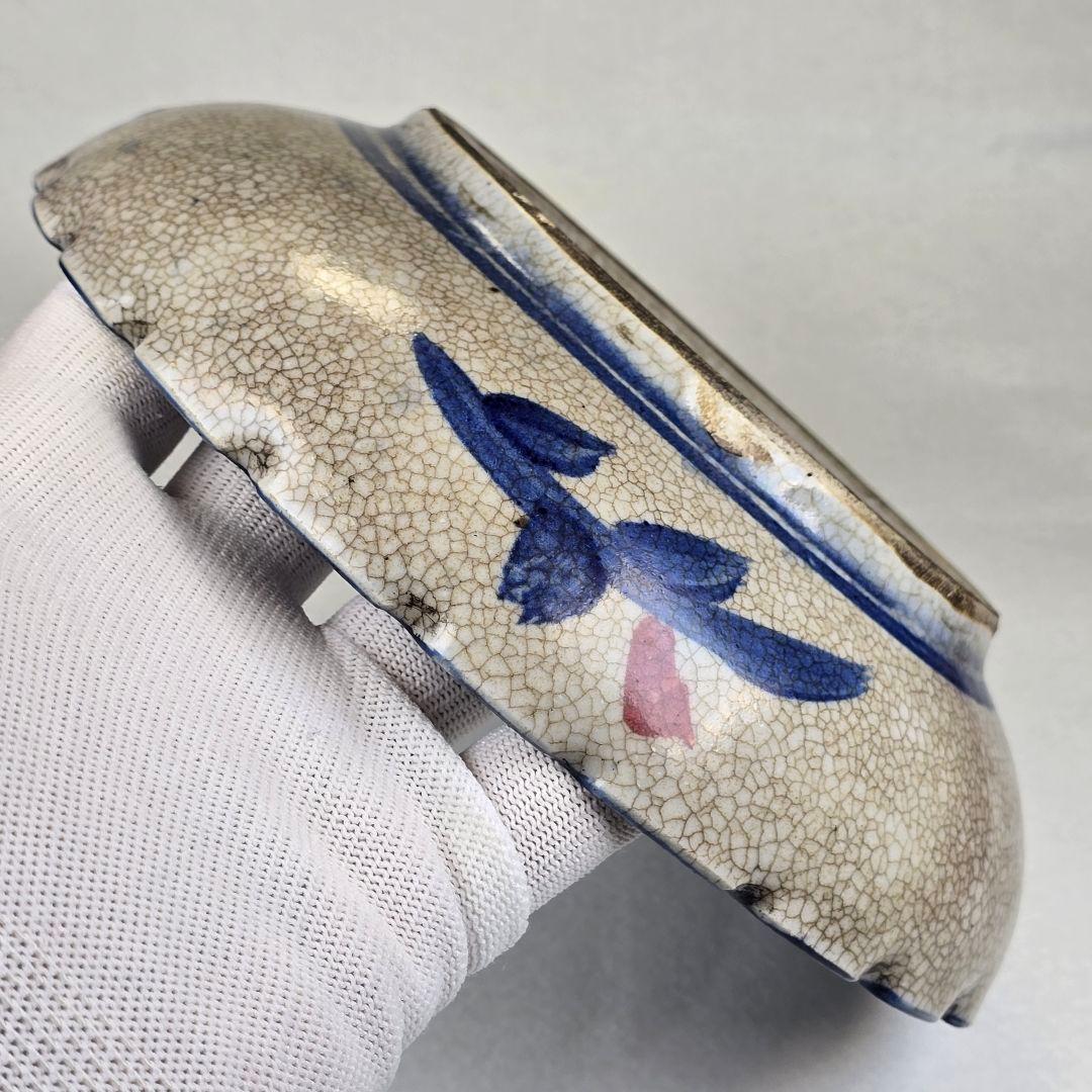 舶来品 中国古磁 青花染付 釉里紅 手絵 花鳥紋 観賞皿 筆洗い 筆添 在銘