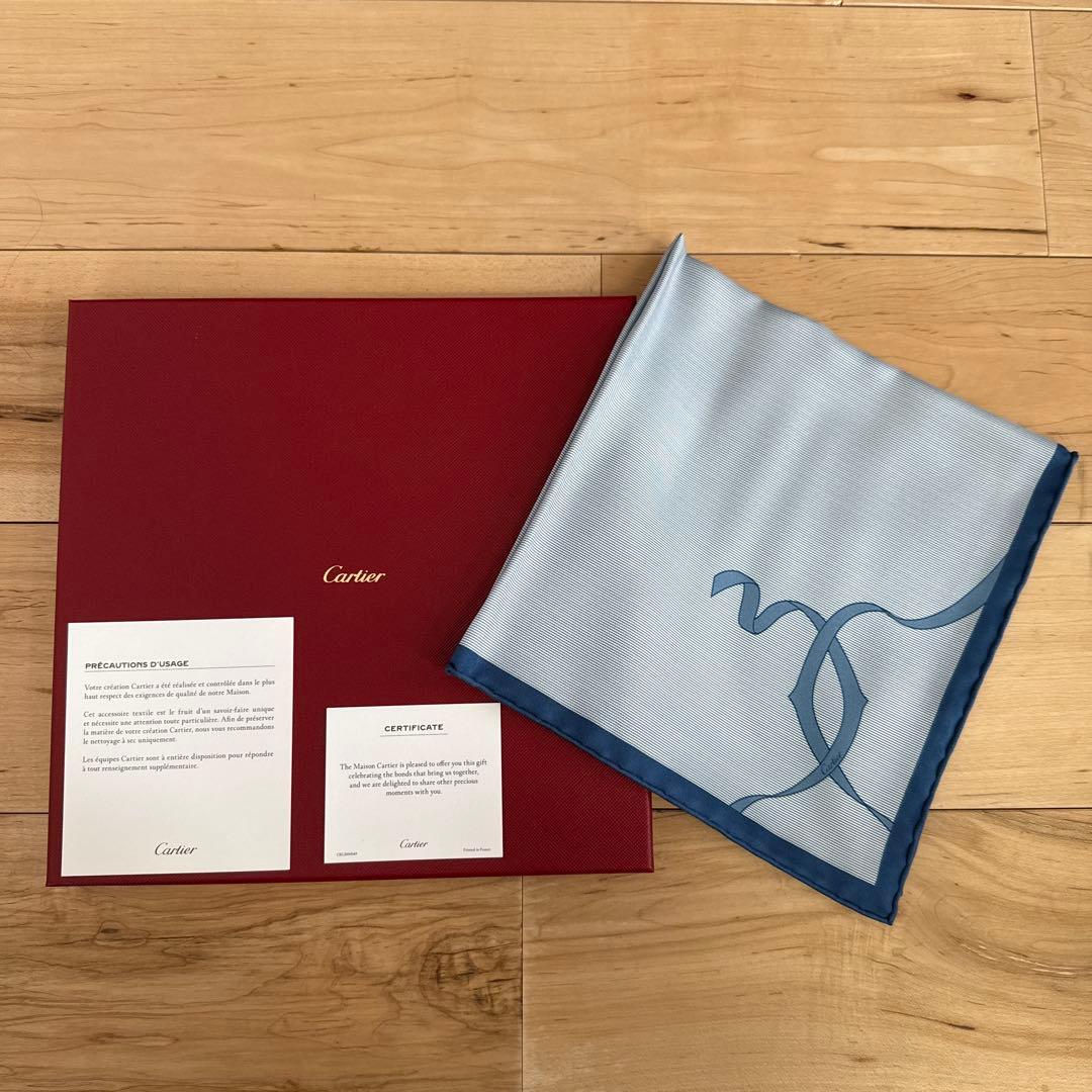 新品 カルティエ Cartier ブルー ストライプ ハンカチ ポケットチーフ