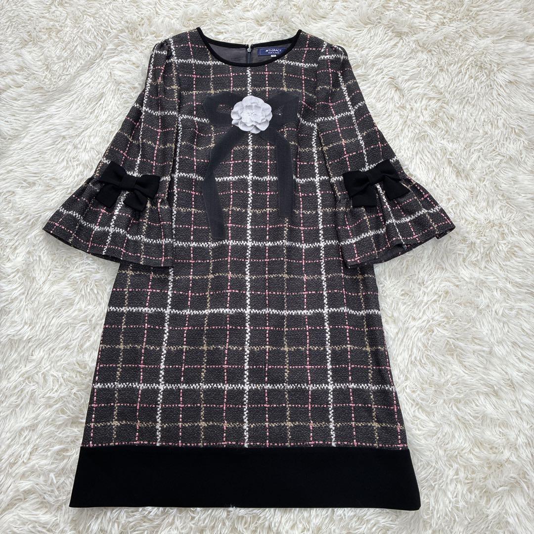 美品★M'S GRACY ツイードライクプリントワンピース リボン 大きいサイズ