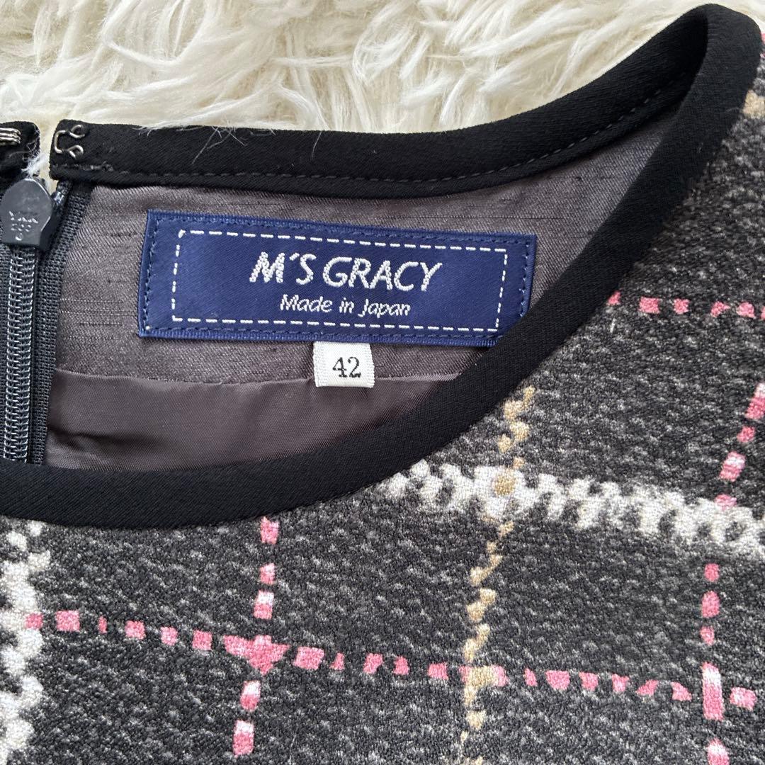 美品★M'S GRACY ツイードライクプリントワンピース リボン 大きいサイズ