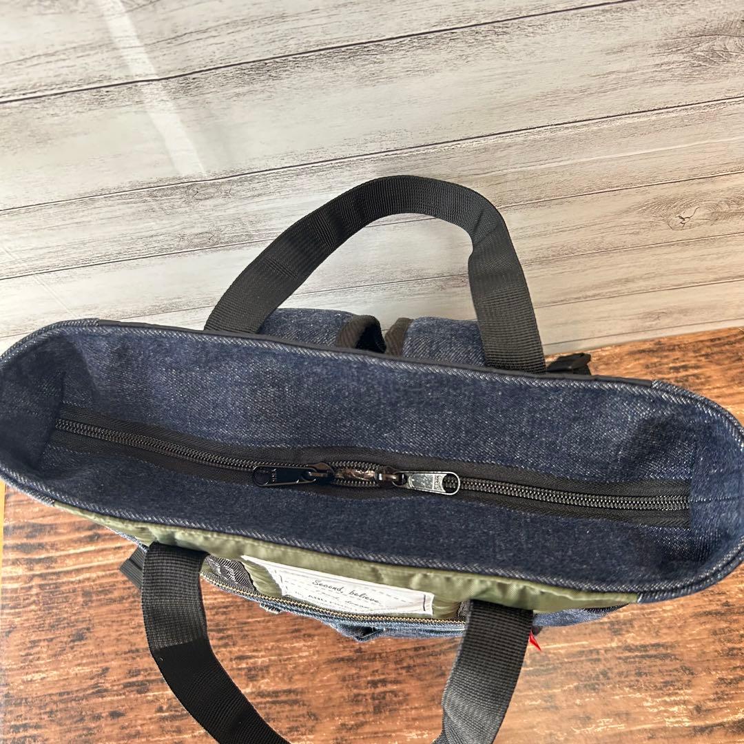 ☆デニムリメイク　カーキひょうたんキルトとデニムのトートリュック☆