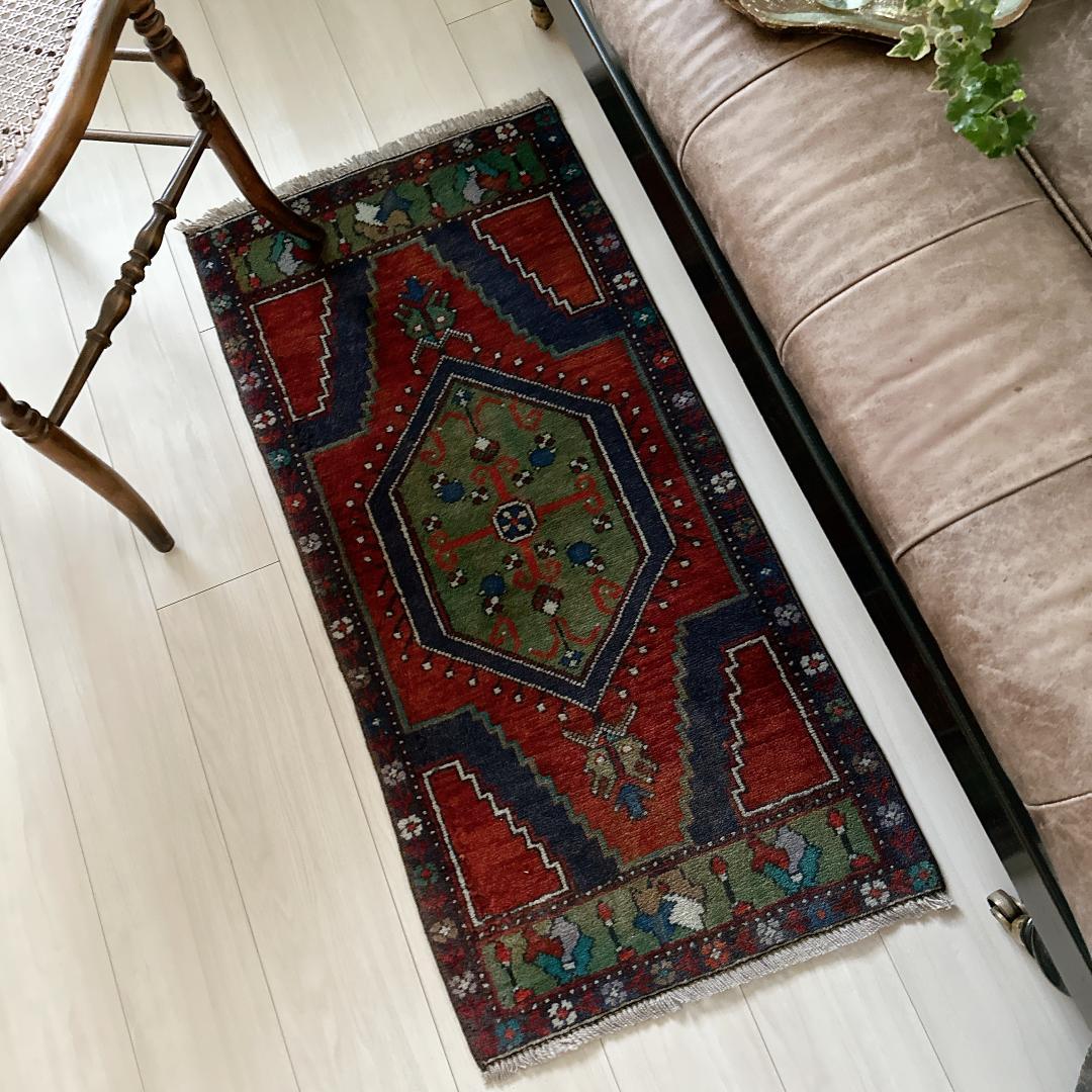 トルコ ヴィンテージラグ 984 スモール オレンジ ブラウン ネイビー ブルー