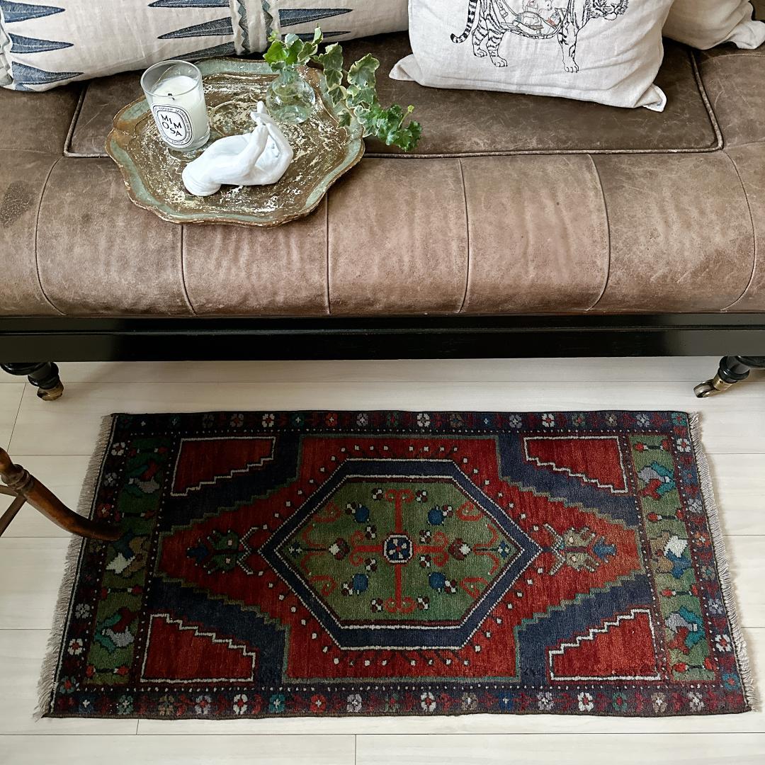 トルコ ヴィンテージラグ 984 スモール オレンジ ブラウン ネイビー ブルー