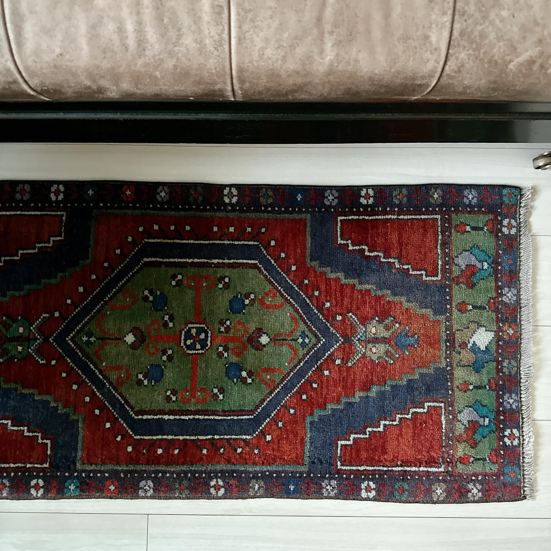 トルコ ヴィンテージラグ 984 スモール オレンジ ブラウン ネイビー ブルー