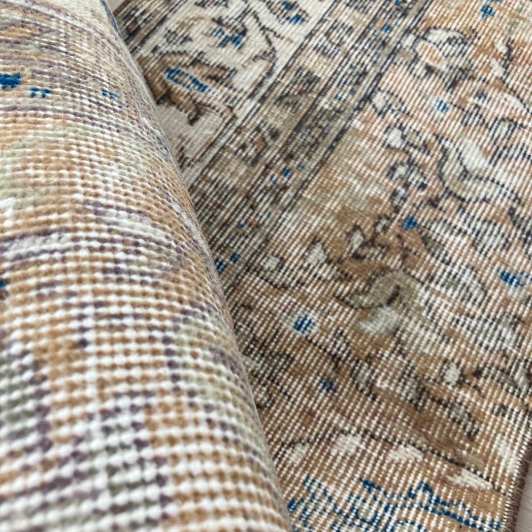 48×211ランナー　淡ブラウン　ブルー　ラインホワイト　トルコヴィンテージラグ