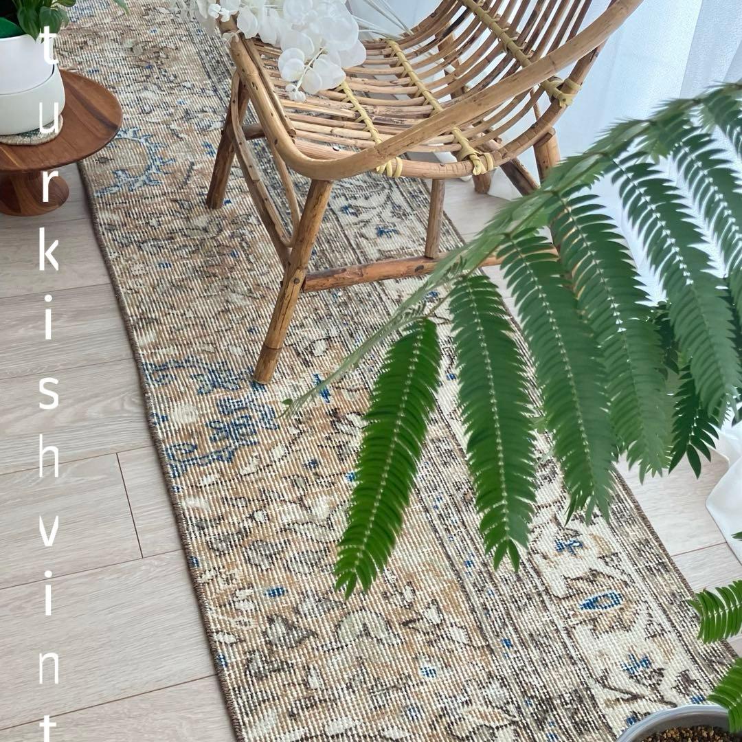 48×211ランナー　淡ブラウン　ブルー　ラインホワイト　トルコヴィンテージラグ