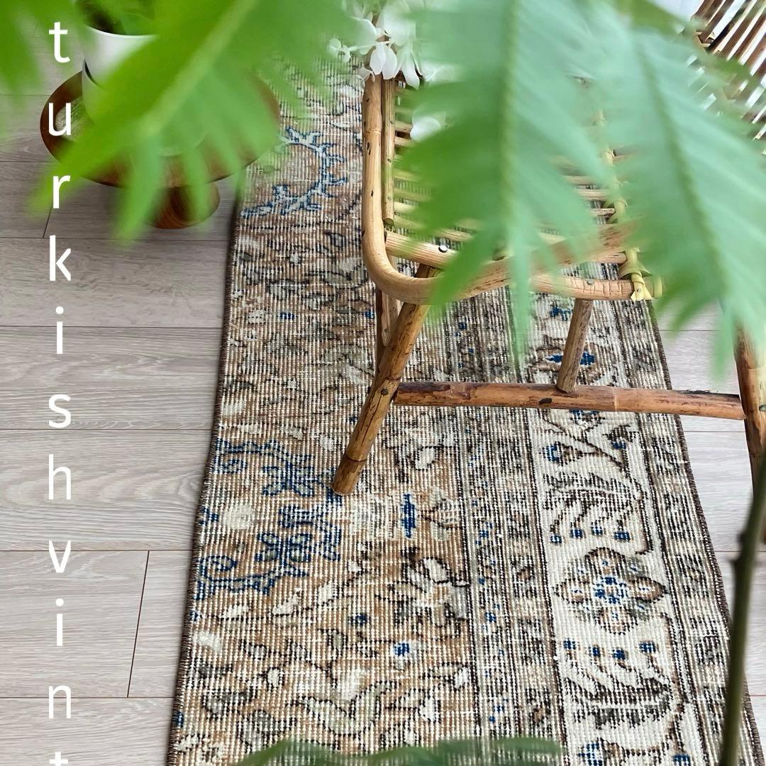 48×211ランナー　淡ブラウン　ブルー　ラインホワイト　トルコヴィンテージラグ