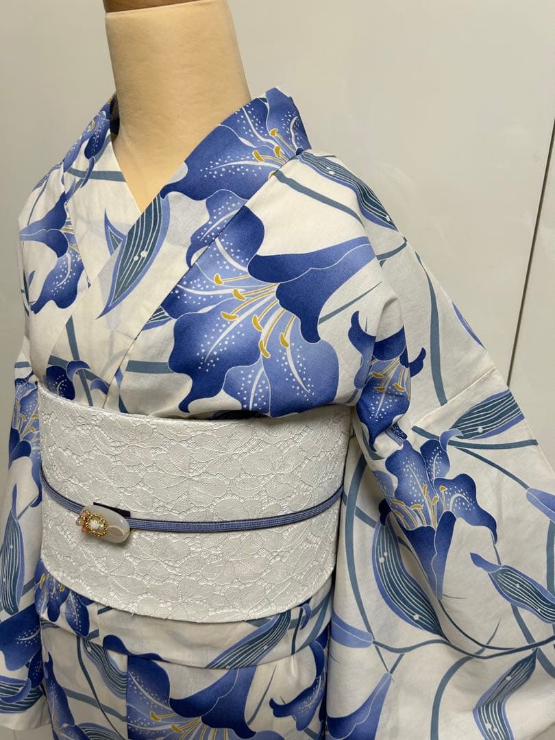 浴衣 ゆかた帯のセット販売白地にブルー 百合 ゆり 花柄 Lサイズ