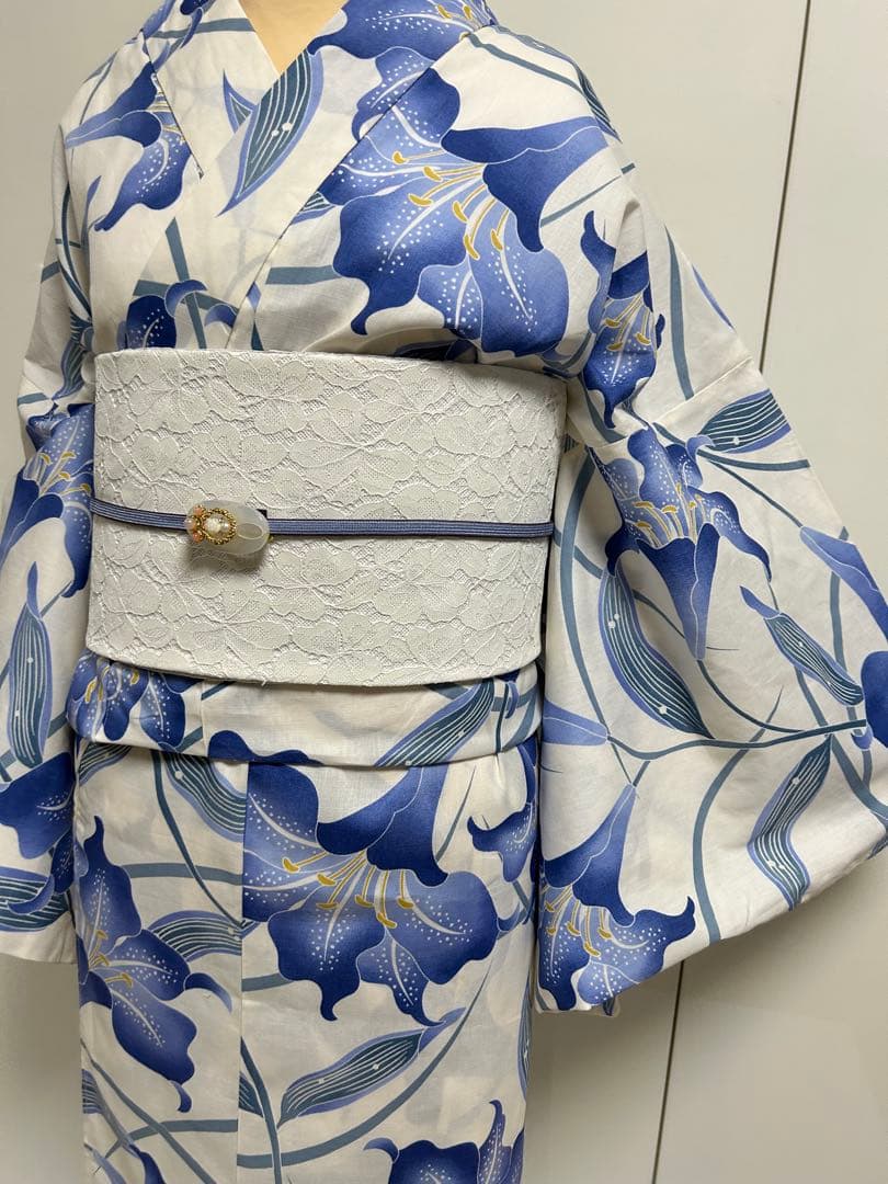 浴衣 ゆかた帯のセット販売白地にブルー 百合 ゆり 花柄 Lサイズ