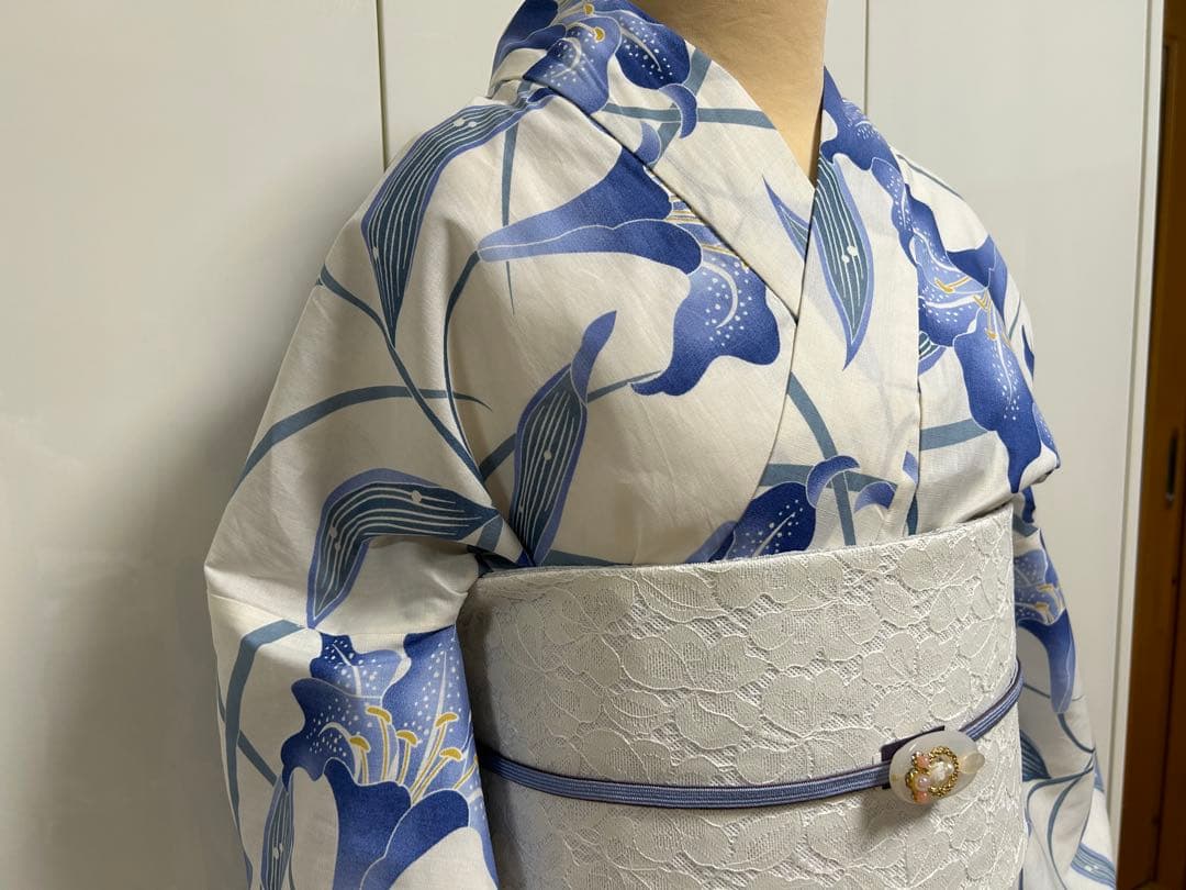 浴衣 ゆかた帯のセット販売白地にブルー 百合 ゆり 花柄 Lサイズ