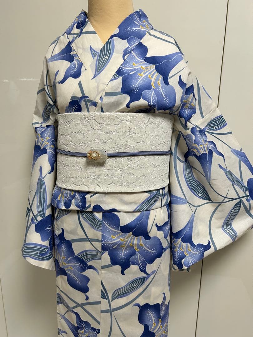 浴衣 ゆかた帯のセット販売白地にブルー 百合 ゆり 花柄 Lサイズ