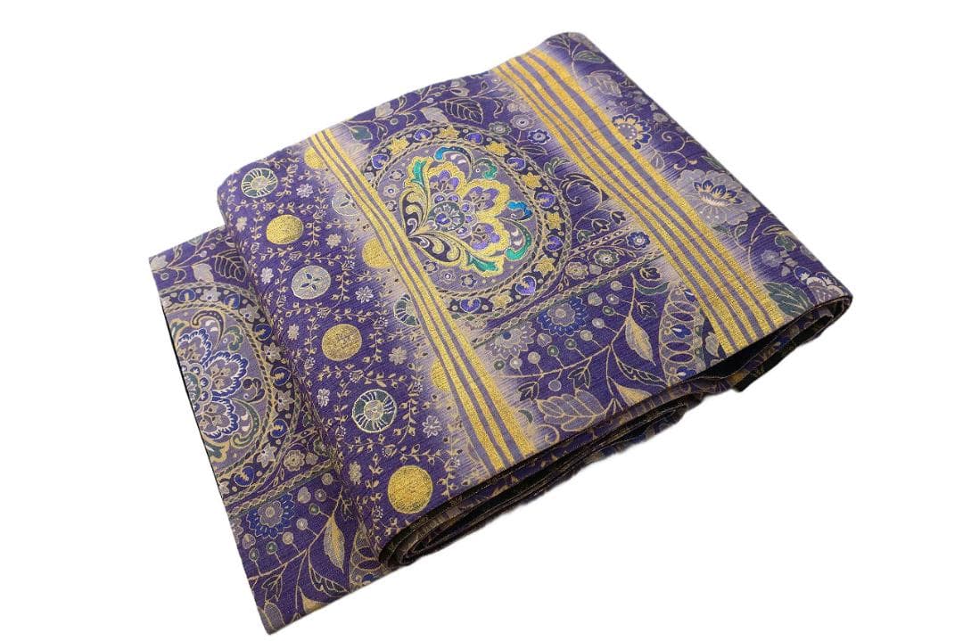 未使用品 袋帯 リバーシブル 紬地 深紫 唐花 枝花 全通柄長さ4m65cm正絹
