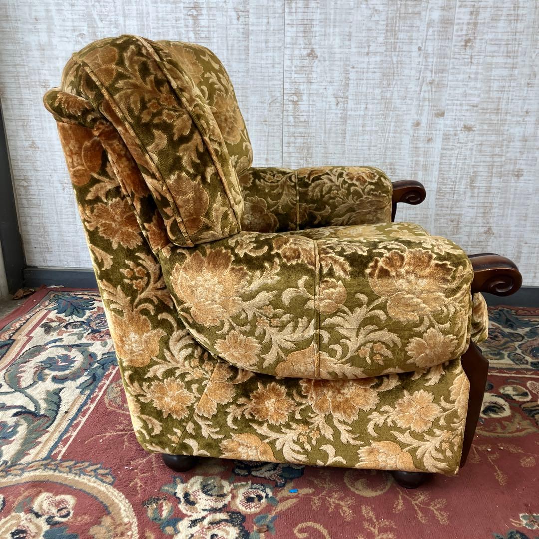 昭和レトロ カリモク 金華山 花柄ベロアソファ 一人掛けソファ アームチェア