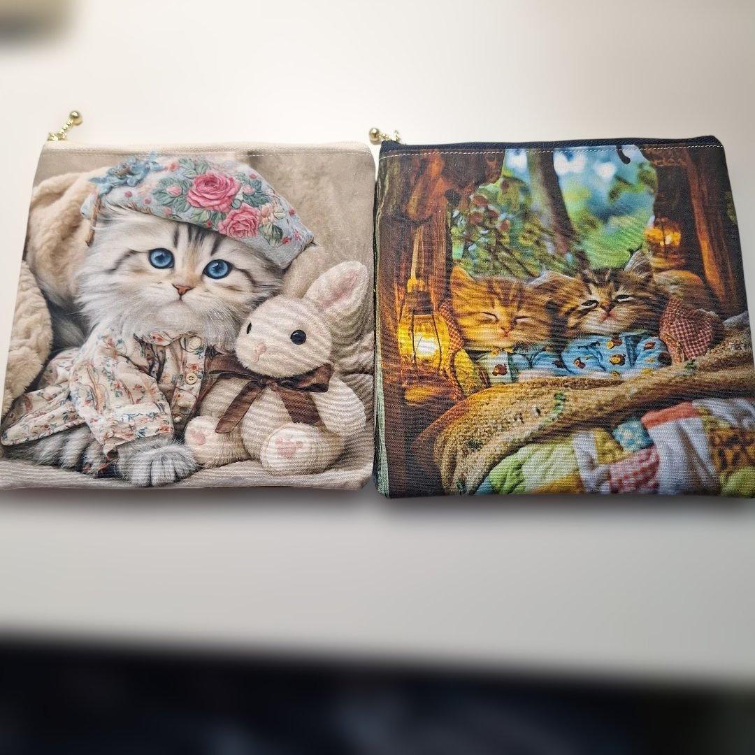 ねこパネル生地　ハンドメイド　フラットポーチ