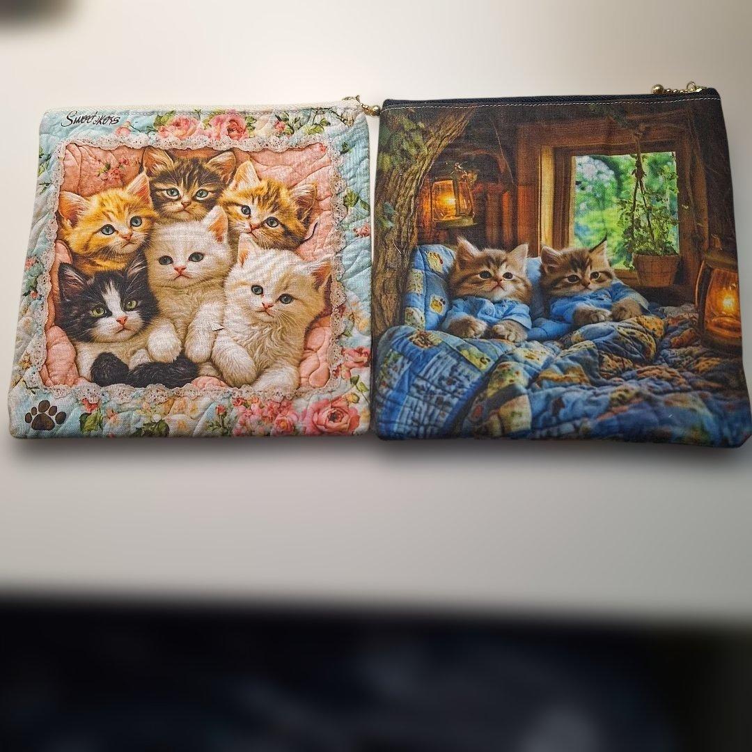 ねこパネル生地　ハンドメイド　フラットポーチ