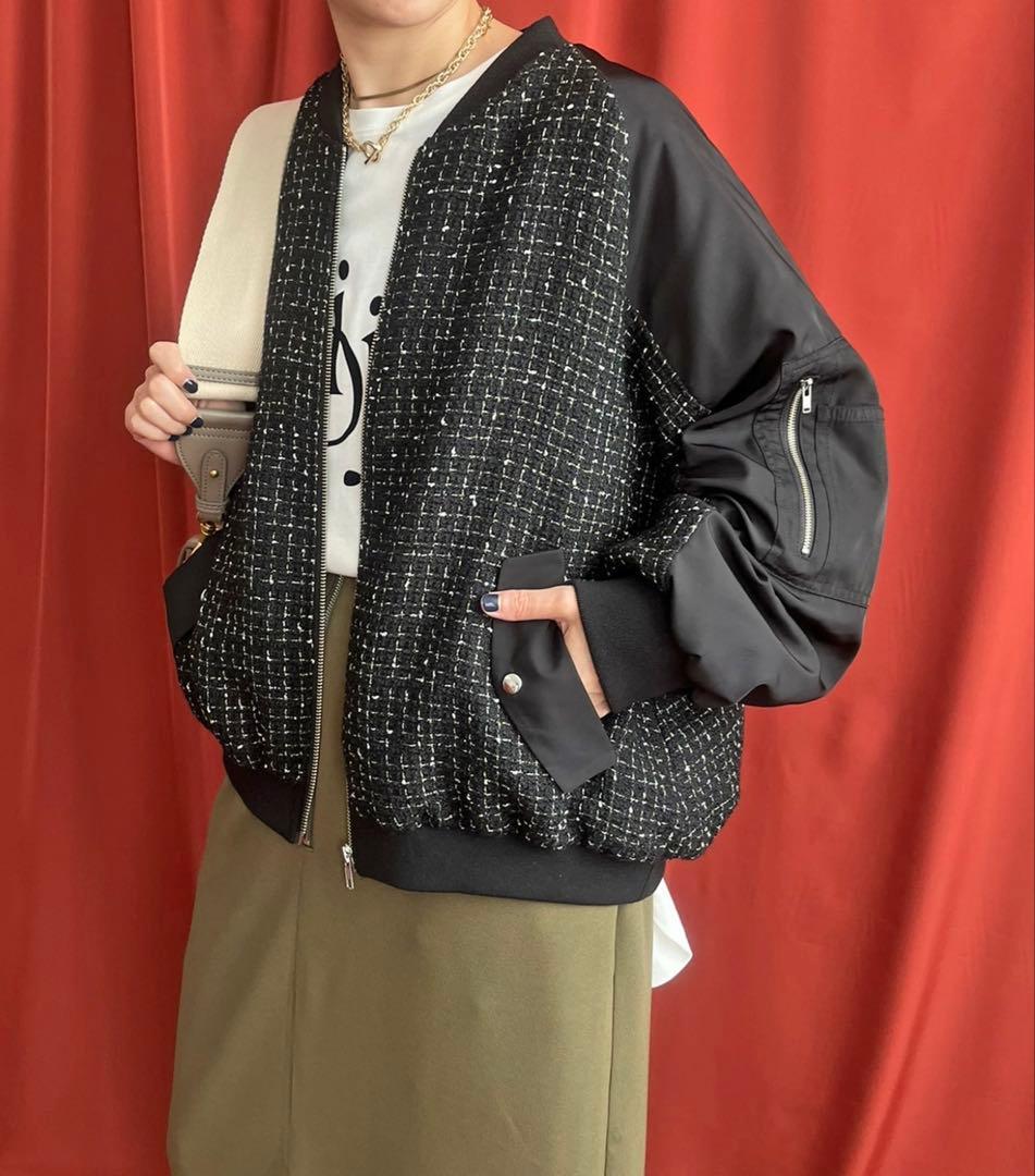 新品★レルビエLHELBIE MA-1スリーブ ツイードブルゾン黒★エイミーロウ