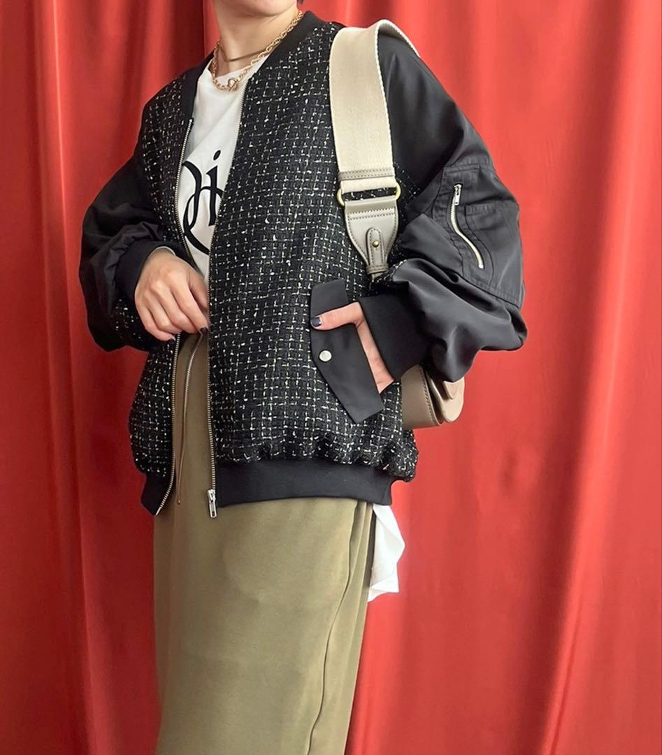 新品★レルビエLHELBIE MA-1スリーブ ツイードブルゾン黒★エイミーロウ