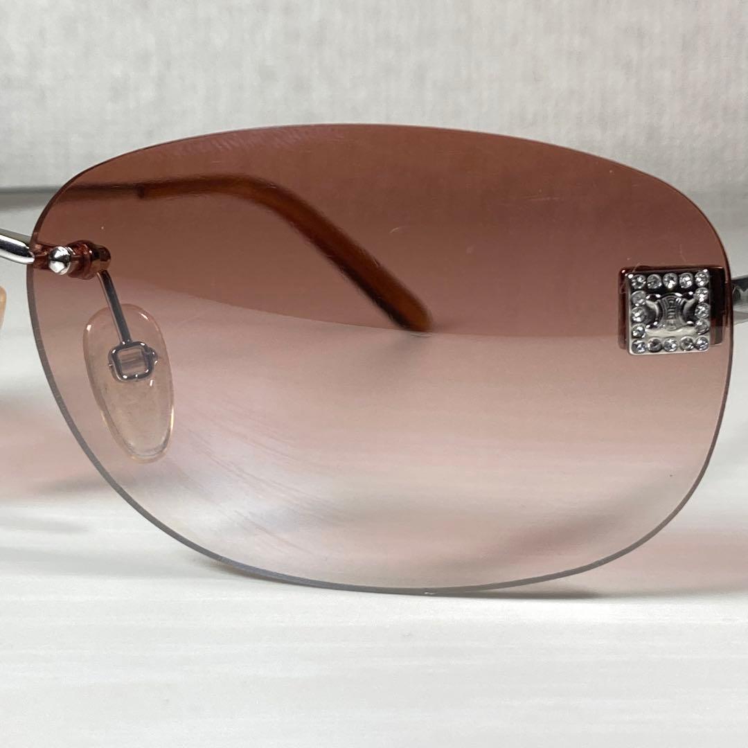セリーヌ サングラス アイウェア リムレス ラインストーン 度なし ロゴ 茶