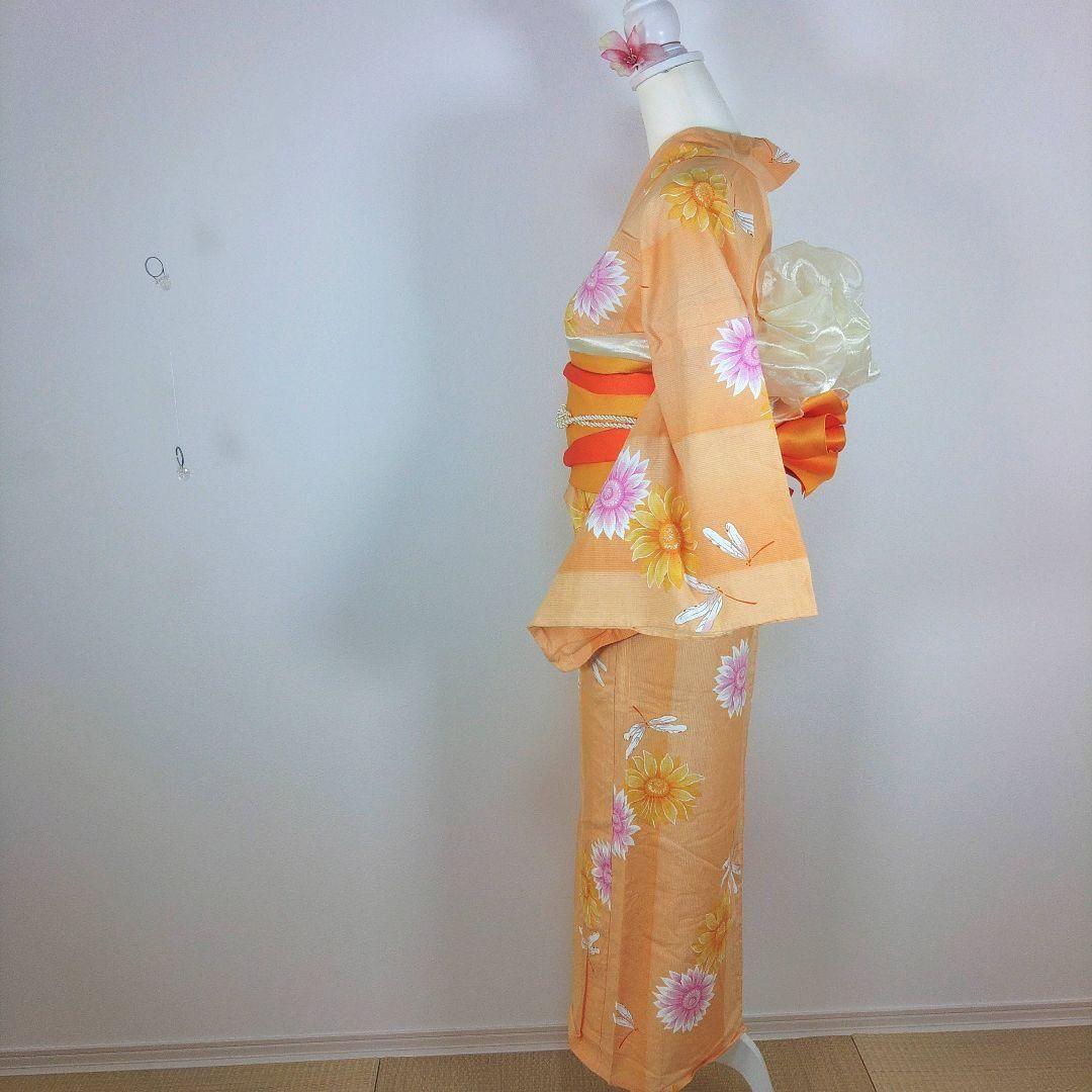 レディース　浴衣　セット　身丈162cm　オレンジ　とんぼ　花柄　半幅帯　黄色