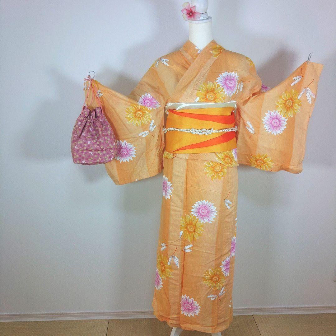 レディース　浴衣　セット　身丈162cm　オレンジ　とんぼ　花柄　半幅帯　黄色
