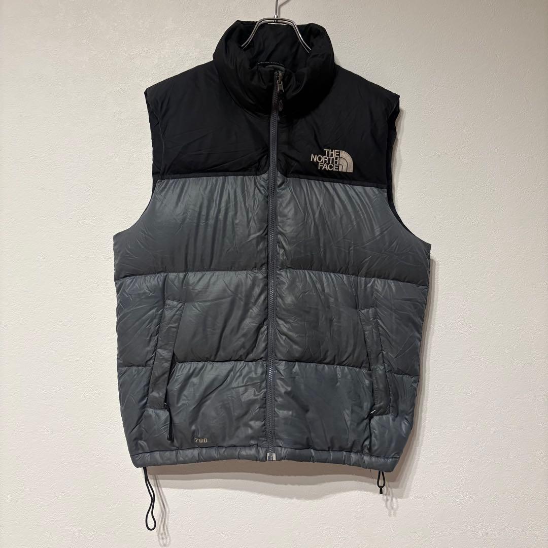 ノースフェイス ダウンベスト ヌプシ メンズ M グレー 刺繍ロゴ 700フィル