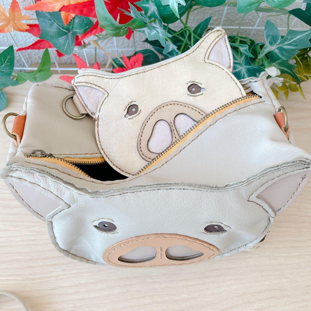 豚さんのポーチ 本革　手縫い　小物入れ