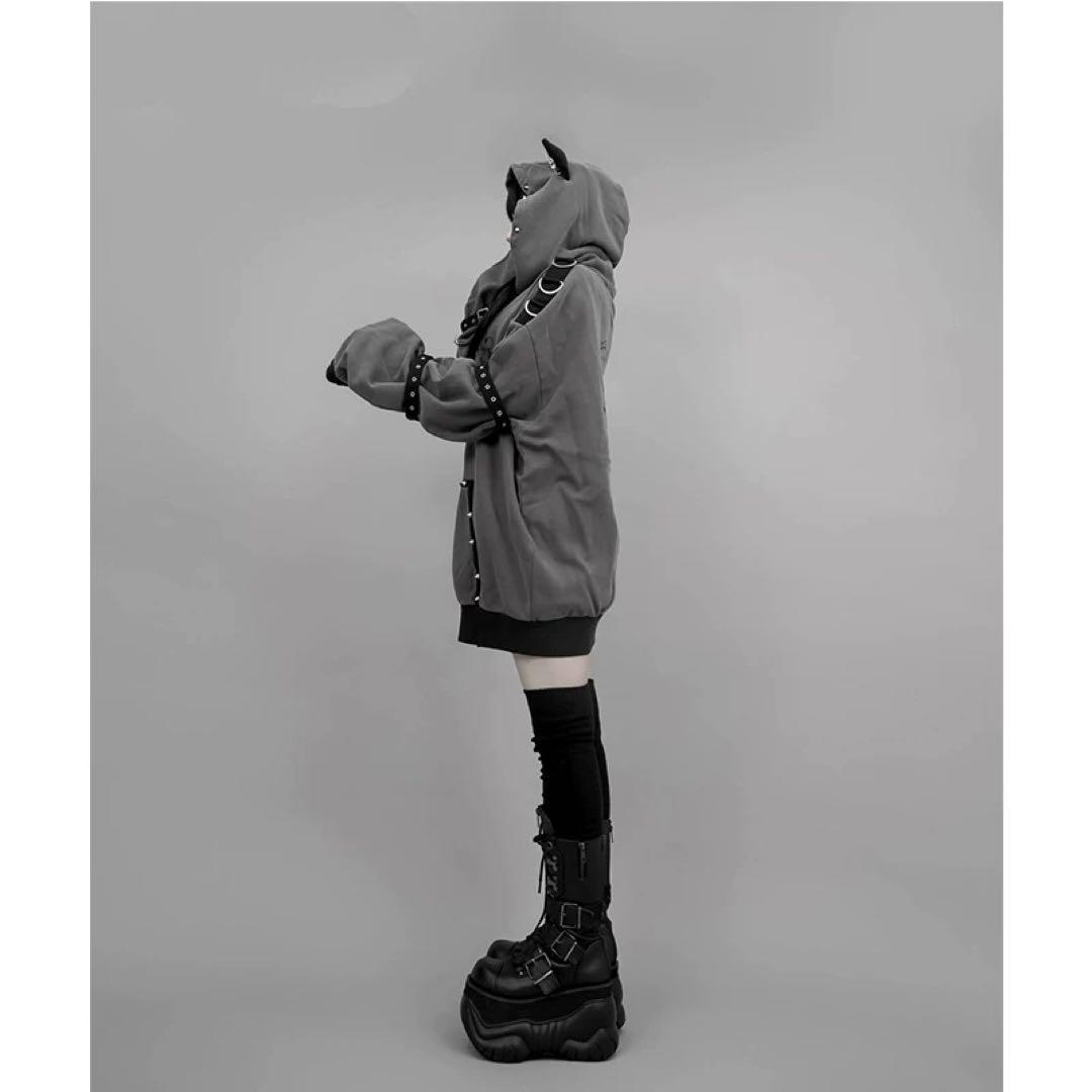 猫耳 パーカー パンク 地雷系 オーバーサイズ 病みかわ グレー 安全ピン 鎖