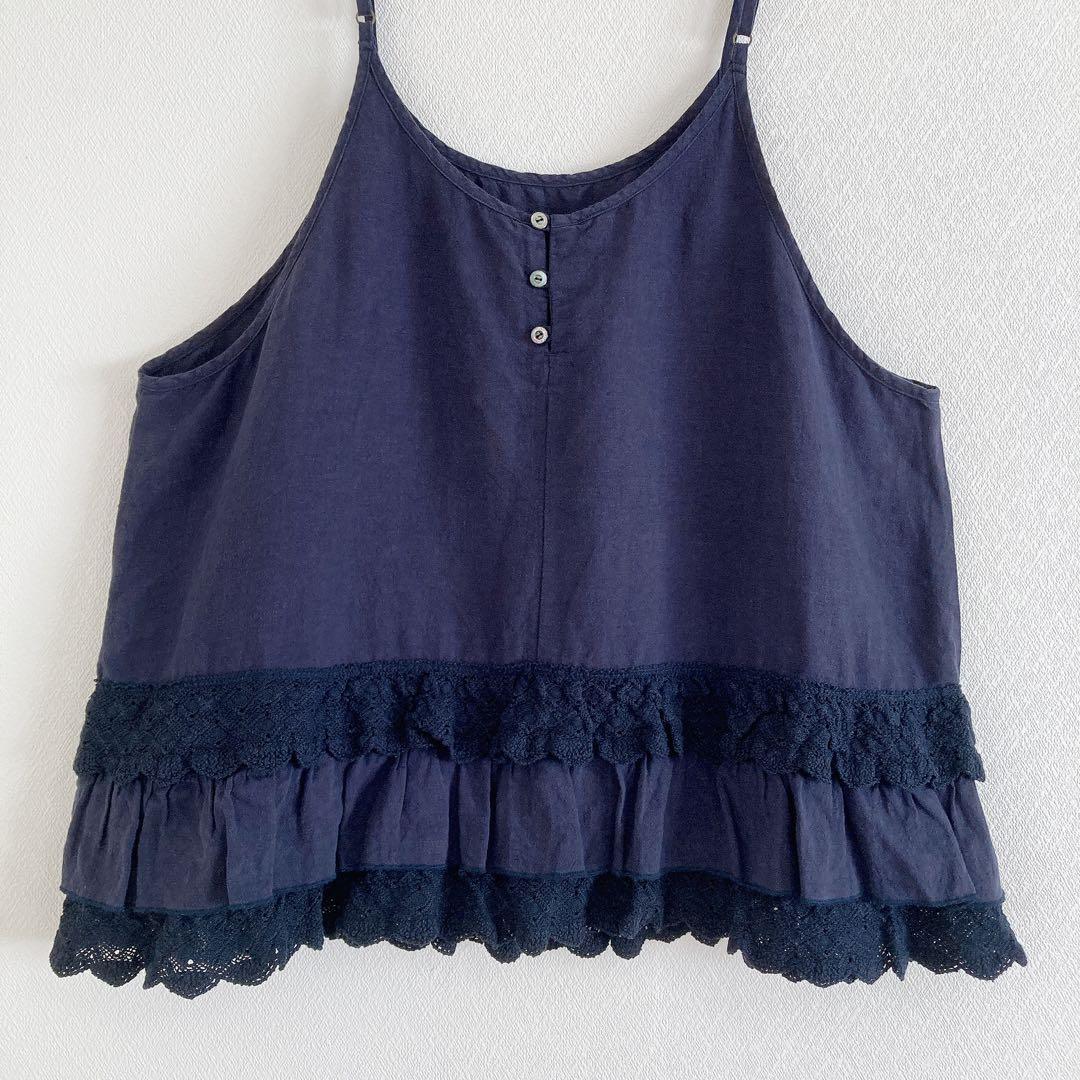 2025✨ 今季✨ ネストローブ　リネンレースヘムキャミソール　ネイビー　F