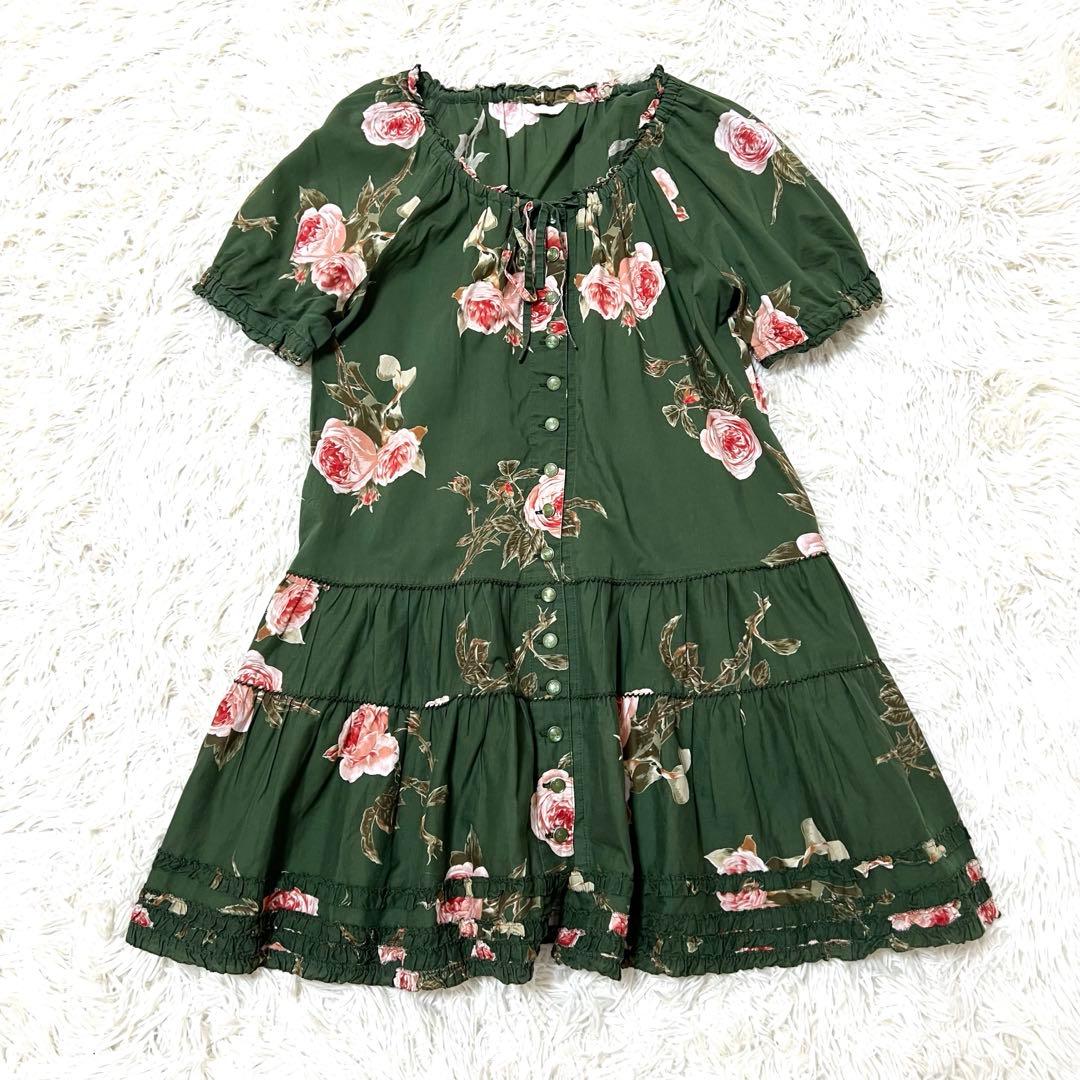 ピンクハウス　花柄　ティアードチュニック フリル　リボン　パフスリーブ　花ボタン