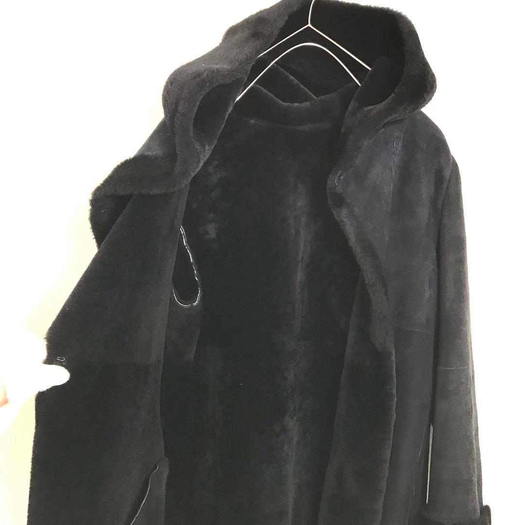 20万超　本革　ユナイテッドアローズ　ムートンコート　フード　黒　羊革