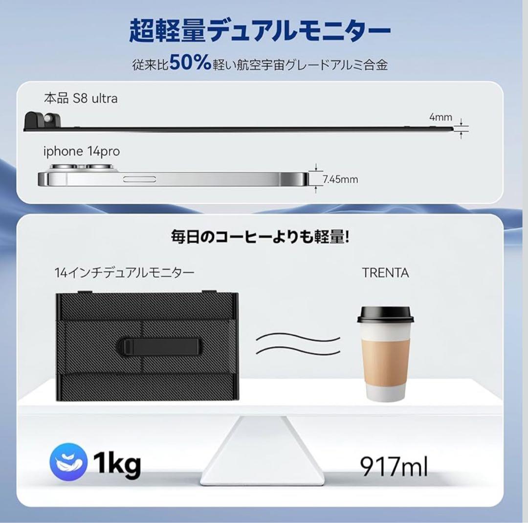 14インチ ディアルモバイルモニター【超薄型・超軽量】 2画面 ノートパソコン用