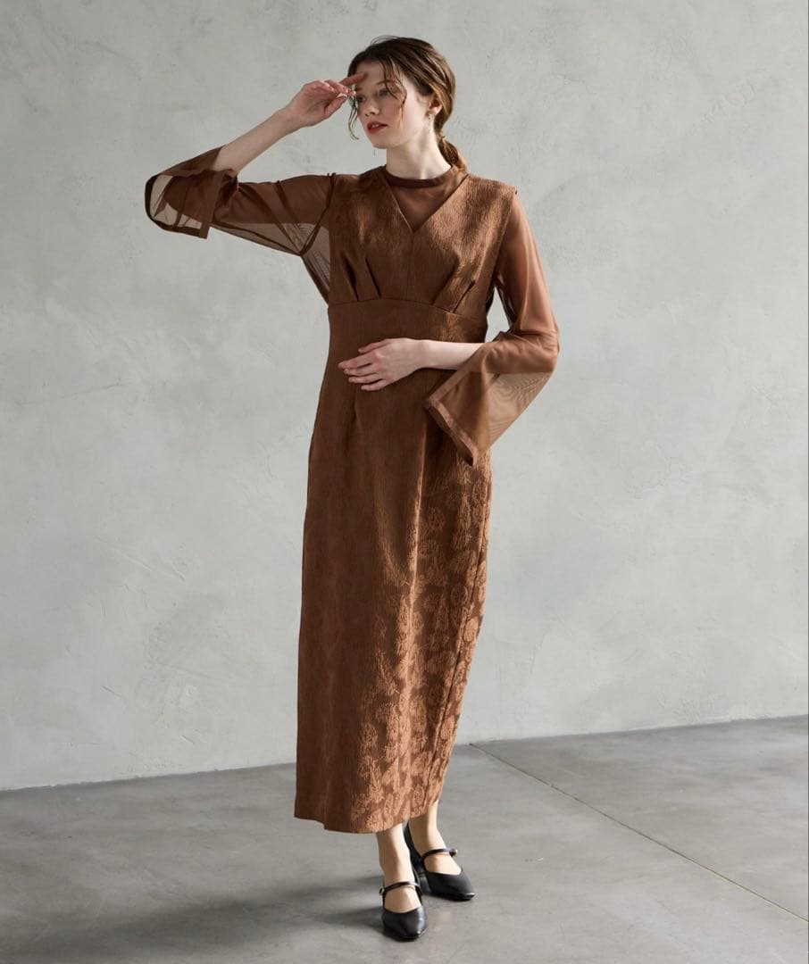 AIMER/ブラウン/S/チュールブラウス付きジャカードIラインパーティードレス