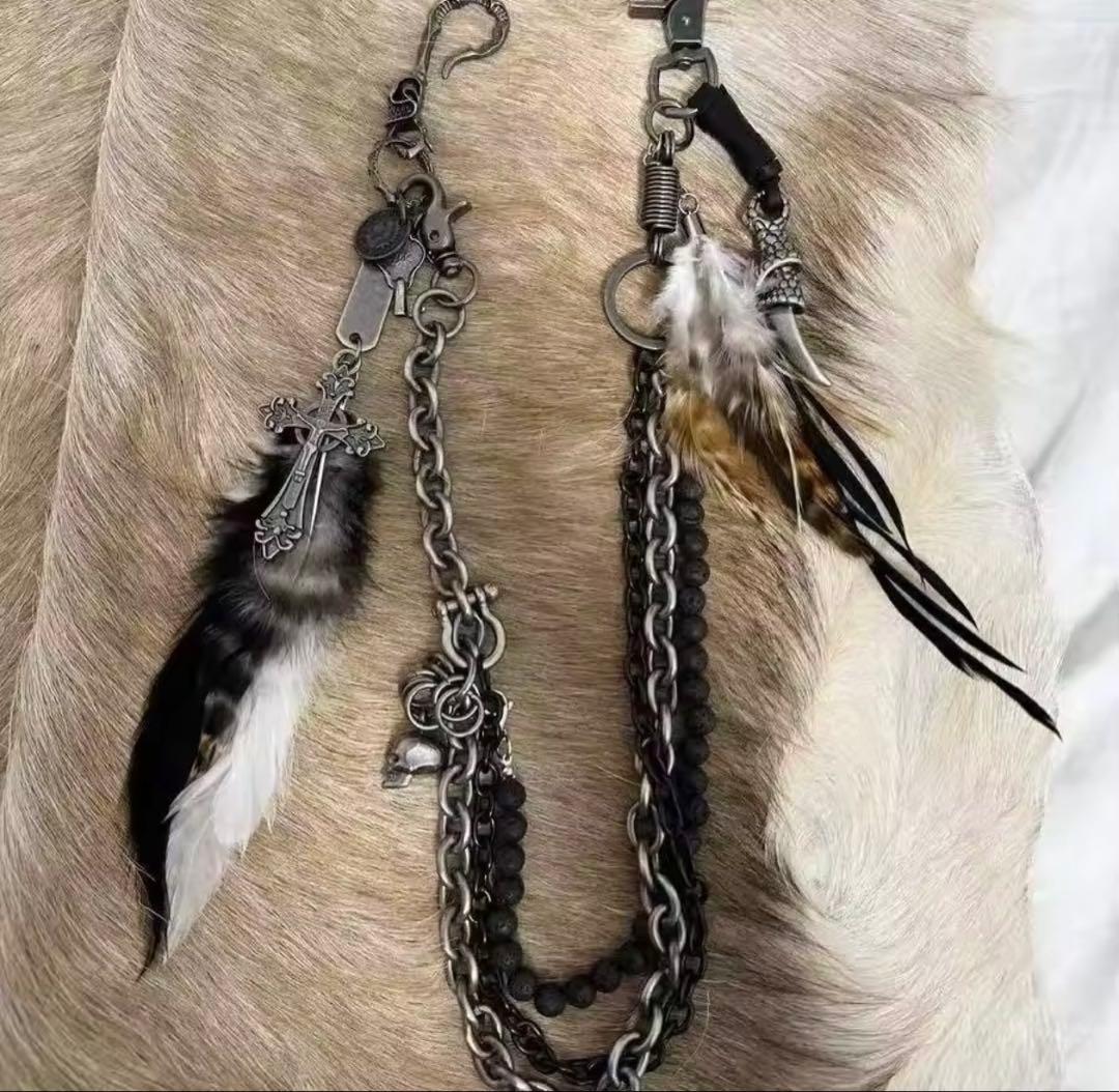 00s y2k ハンドメイドフェザークロスウォレットチェーン vkei