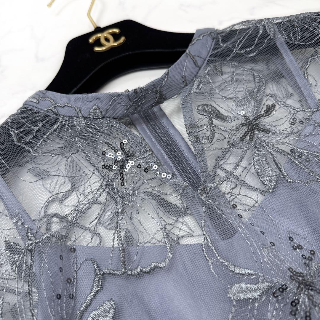 未使用 ANDRESD 袖シフォン スパンコール・刺繍 レースロングドレス M