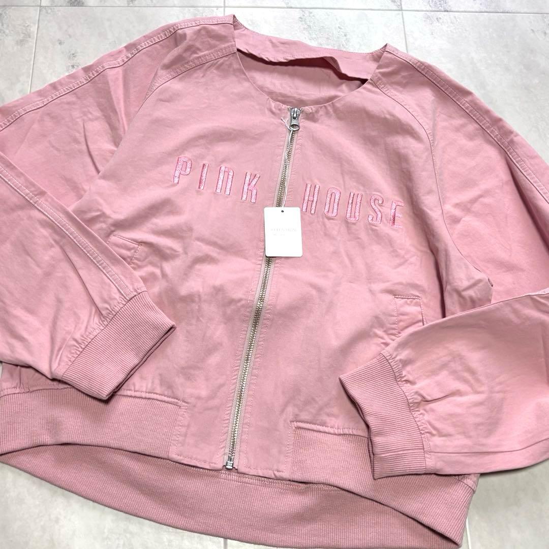 【未使用】ピンクハウス ノーカラージップアップジャケット 刺繍ロゴ L ピンク
