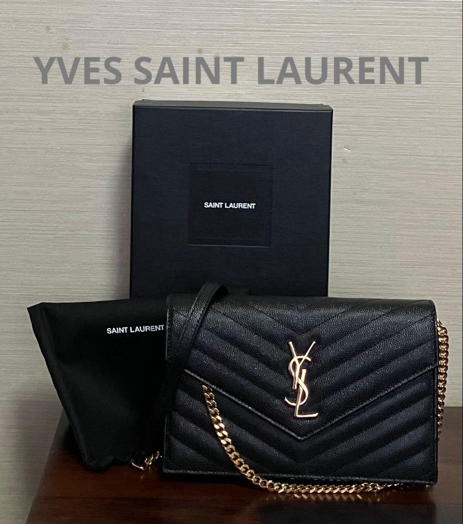 未使用イヴサンローラン チェーンウォレット長財布キャビアスキンゴールドロゴ金具黒