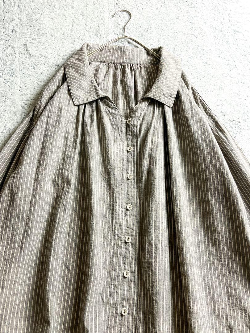 【nest Robe】麻綿混 ストライプ柄 オープンカラーシャツワンピース