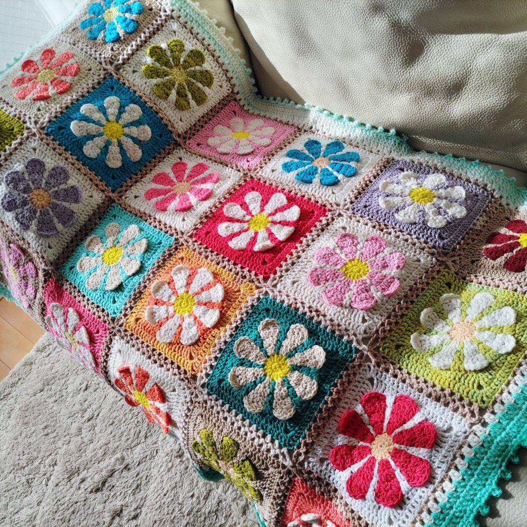 手編みブランケット★レトロデイジーフラワー★かぎ針編み★カラフル★お花モチーフ