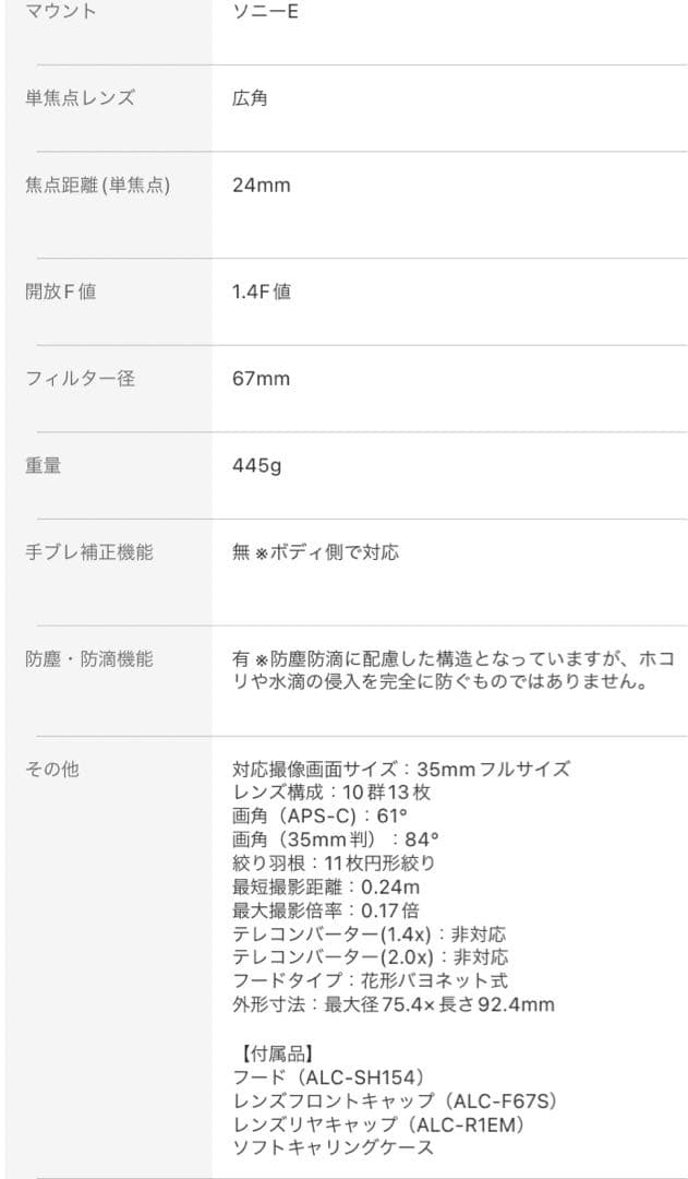SONY SEL24F1.4GM G MASTER 35mmフルサイズ対応