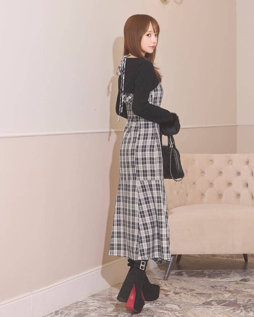 michellMacaron　ボレロチェックロングワンピース