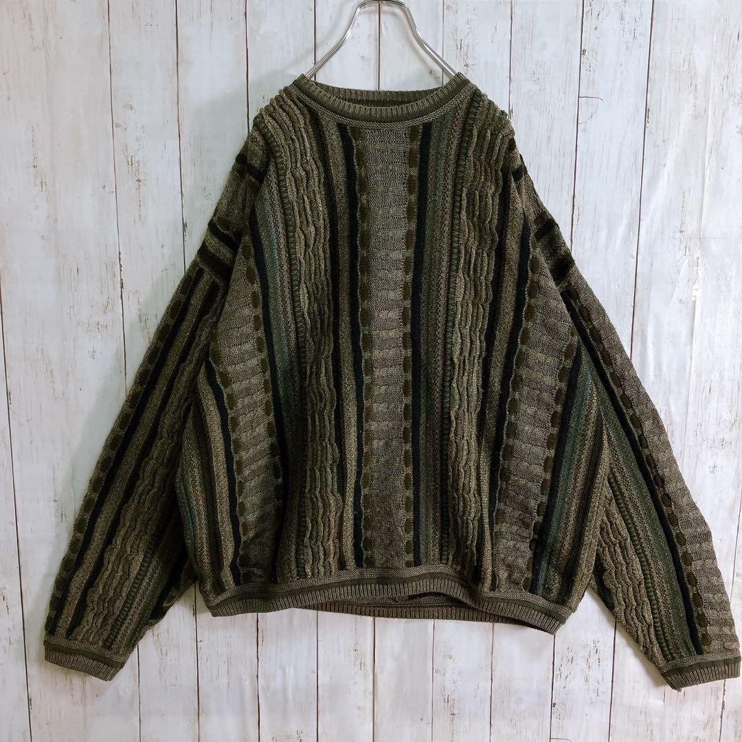 LAVANE USA製 アクリル 立体 総柄 3D デザインニット グリーン系