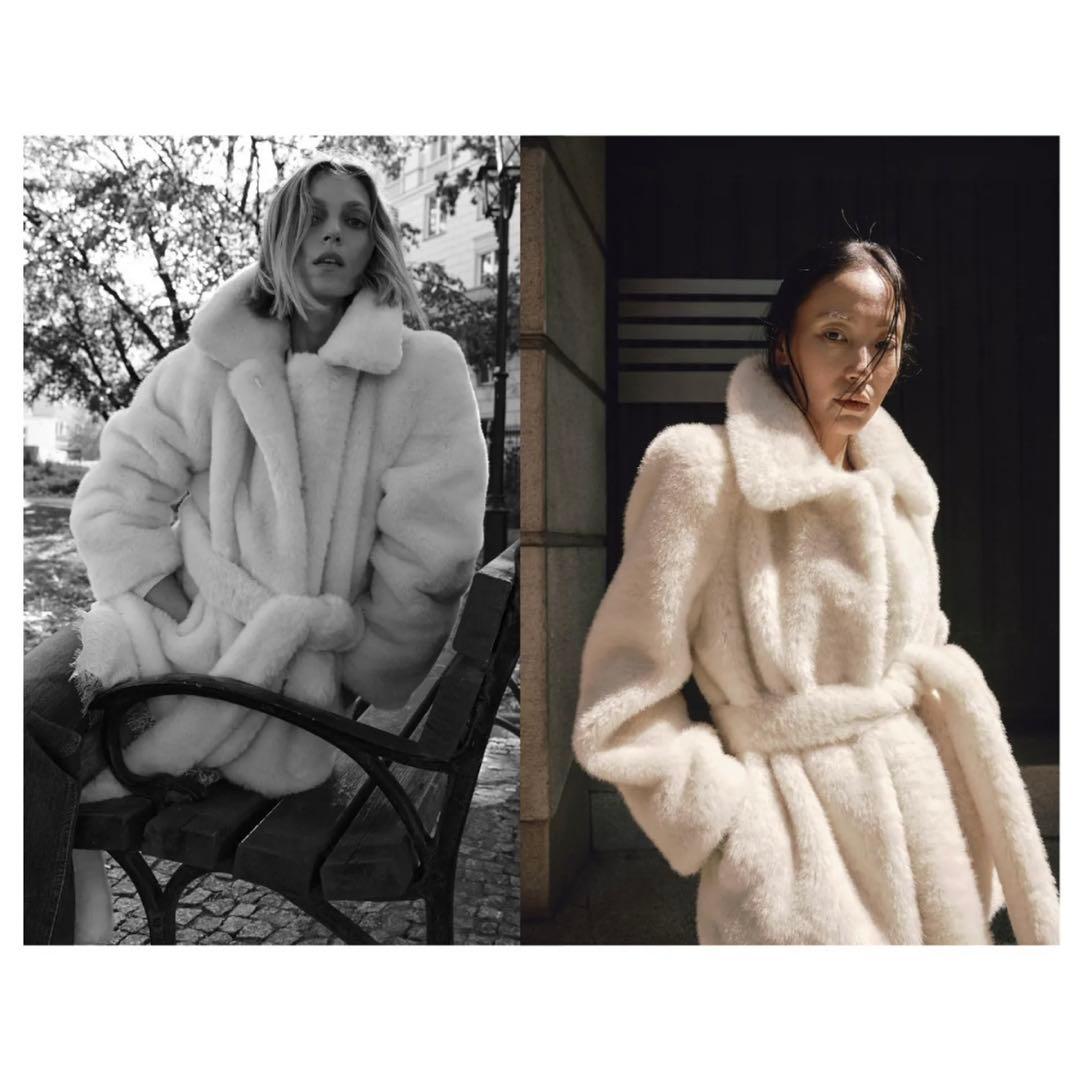 新品、タグ付きZARA クリーム色 ベルト付きフェイクファーコート エクリュ S