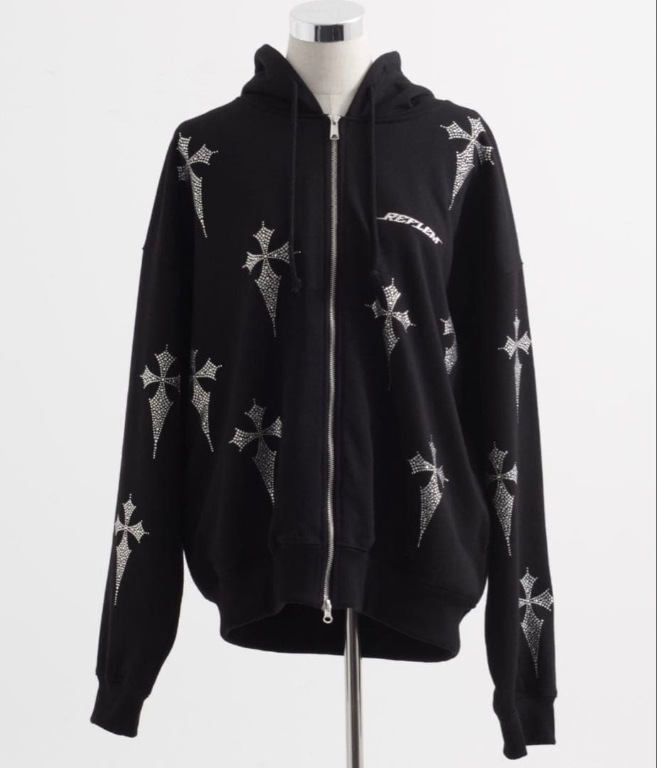 『REFLEM』クロス総柄ラインストーンZIPパーカー/ジップアップパーカー