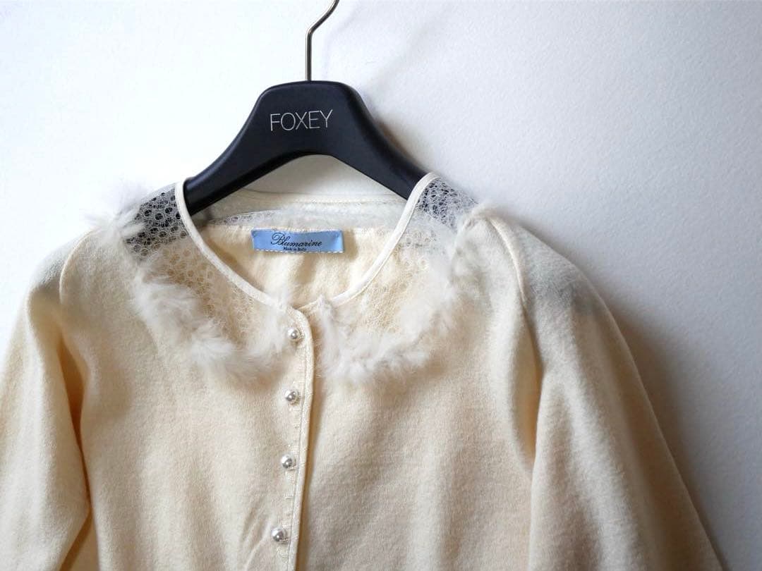 Blumarine レース×ファー パールボタン カーディガン ホワイト