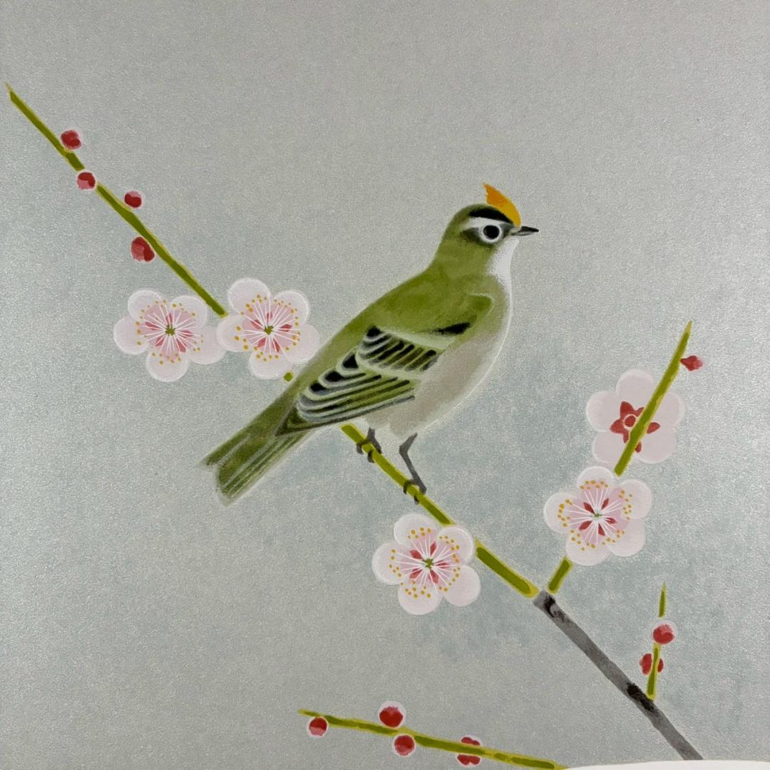 美品 上村淳之「四季啼鳥・春」シルクスクリーン 扇面 サイン・印章有 上村松園