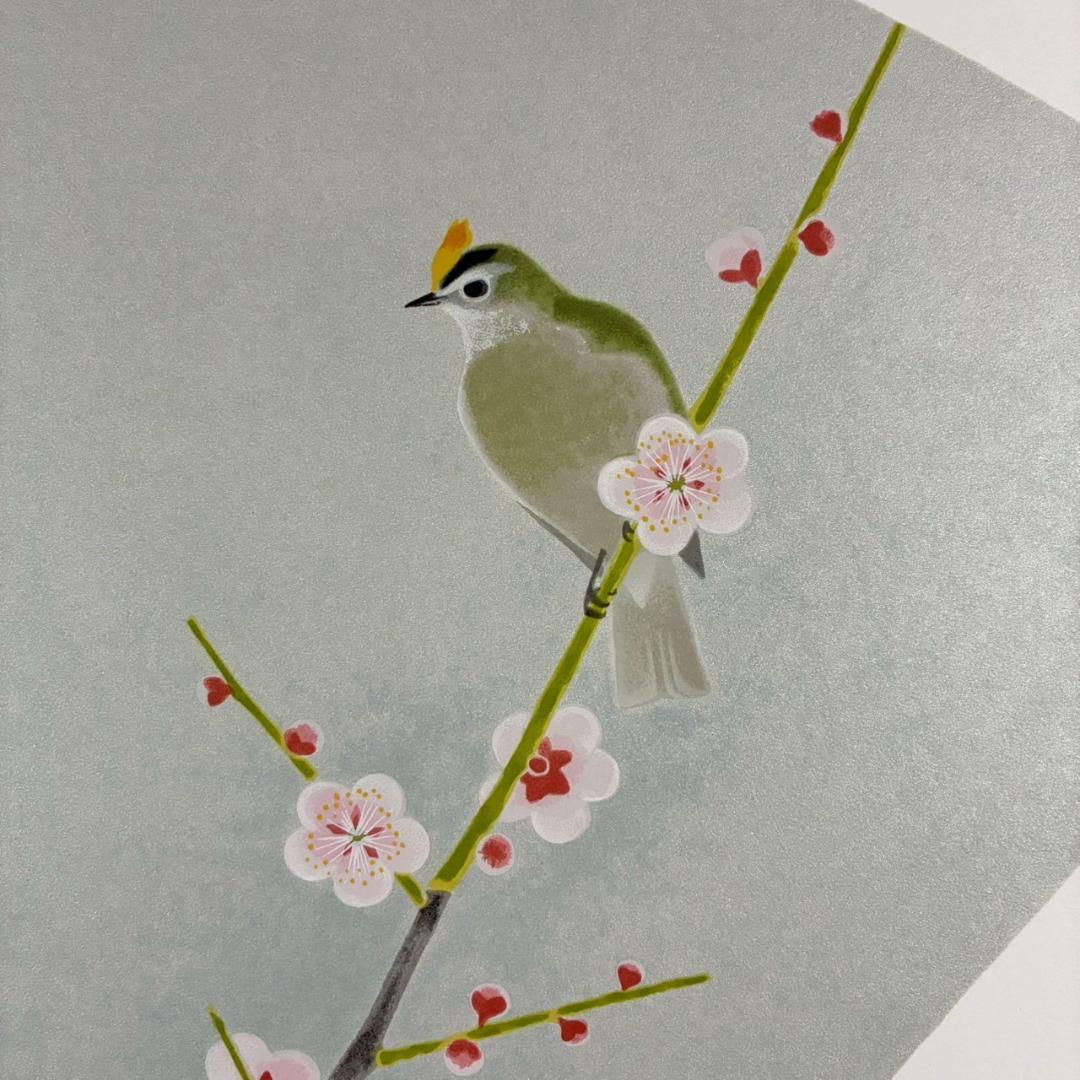 美品 上村淳之「四季啼鳥・春」シルクスクリーン 扇面 サイン・印章有 上村松園